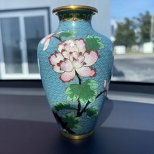 VTG Chinese Enamel on Copper Cloisonne Flowers Blue 6” picture