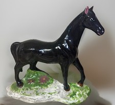 Vintage Black Horse Figurine Ceramic Stallion Statue Base 9” Equestrian Decor  picture