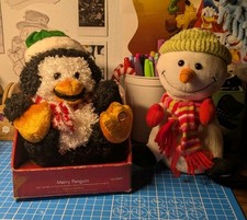 Gemmy Rare Lot Of 2 Merry Penguin & Dancing Snowman Animated Works Jingle Bells picture