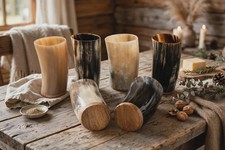 Handcrafted Buffalo Horn Drinking Cup 8 oz Set Viking with Wooden Base Set of 6 picture