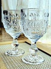 Vintage Goblets Pressed Glass Chalice Pair, Royal Crown Fleur de Lis Clear, 10oz picture