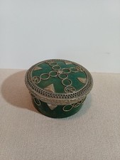 Vintage Round Large Enameled Green Trinket Box Silver Filigree With Lid picture
