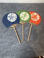 Vintage Japanese Uchiwa Fans Set of 3 Bamboo Shibori Tie Dye Japan 16” picture