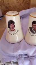 Vintage Hand Painted Ceramic JFK & Mrs. Kennedy Salt & Pepper Shakers White Gold picture
