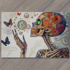 POSTCARD Skeleton Butterfly Rainbow Cloud Bubble Surreal Colorful Trippy Emo picture