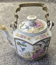 Vtg Japanese Porcelain Teapot Brass Handle w/ Flowers Birds Gold Trim Homco picture