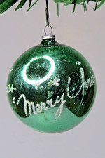 RARE Vintage Glass Stencil Pictured MERRY BALL Christmas Ornament Japan Green picture