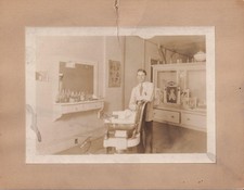 Vintage Barber Shop Photo Gelatin Silver Sepia 5x7 Mounted USA Occupational picture