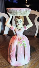Vintage 50s Pink Ceramic Lady Napkin Toothpick Holder Dinner Bell Jeweled Betson picture