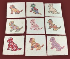 9 vtg 30S 40S PUPPY DOG EMBROIDERED APPLIQUE FEEDSACK FABRIC QUILT TOP BLOCK LOT picture