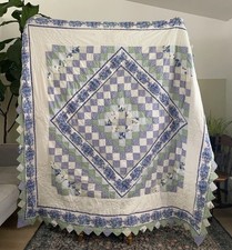Vintage Patchwork Quilt 80x80 Purple Green Floral Cotton Scalloped Edge picture