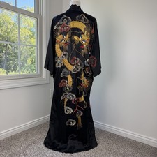 Antique 40s Japanese Black Kimono Robe Hand Embroidered Dragons Satin Silk picture