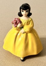 VTG Hand Painted Ceramic Lady Figurine Yellow Dress Flower Bouquet Signed 1982 picture
