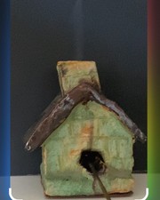 Vintage Handmade Ceramic Tiny House Incense Burn Miniature Chimney Pale Green picture