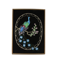 Vintage 70s Mid Century Modern MCM Framed Hanging Peacock Bird Fabric Wall Art picture