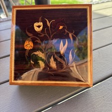 Sorrento Italy Marquetry Inlaid Wood Music Jewelry Box Arrivederci Roma Key VTG picture