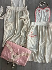 Pair of Vtg 40s Silk Bridal Hostess Halter Aprons Bird Embroidery Boudoir Ruffle picture