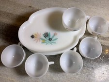 Antique '30s Milk Glass Tea Coffee Cups Trays Saucers POT Marijuana Leaf Leaves picture