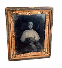 Antique 1860s Cased Tintype Photo Seated Child Portrait 1/6 Plate Embossed Case picture