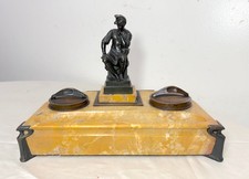 Antique French solid siena marble bronze Lorenzo De Medicis statue desk inkwell picture