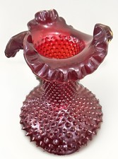 Fenton Big John Hobnail Trumpet Vase Ruby Red Amberina DUAL LOGO MARK UV Glow  picture