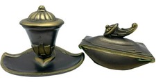 Antique Art Deco Nouveau Bronze Inkwell & Blotter Set Green Glass Insert picture