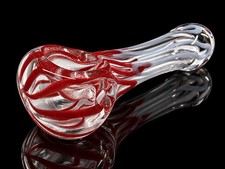 Ruby Red Ribbon Art Glass Tobacco Hand Pipe Clear Thick Glass picture