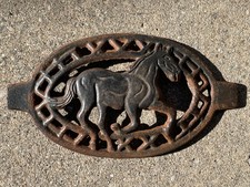 Antique Black Cast Iron Horse Trivet Early Primitive Folk Art Metal Rusty Patina picture