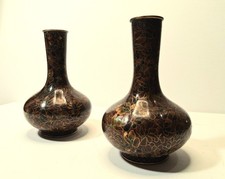 VTG Chinese Cloisonné Enamel Vases Pair 5.25” Brown Gold Floral Turquoise Base picture