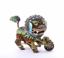 Vintage Chinese Gilt Solid Silver Enamel Filigree Fu Foo Lion Dog Play Ball Mk picture