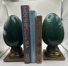 Vintage Hollywood Regency Green  Stone Egg Sculptures Brass Pedestal Pair 9” picture