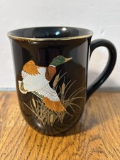 Vintage Otagiri Mallard Duck Coffee Mug Black Gold Gilt Gibson Greeting Cards picture