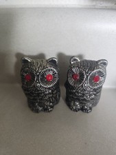 VINTAGE SILVER COLORED OWL FIGURINE - BIG WIDE EYES...RED GEM CENTERS SET OF 2 picture