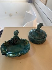 Vintage Enesco teal mermaid vanity pieces from the mid-20th century picture