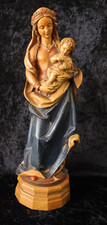 VINTAGE HAND-CARVED WOODEN CATHOLIC MADONNA & CHILD STATUE WITH GRAPES picture