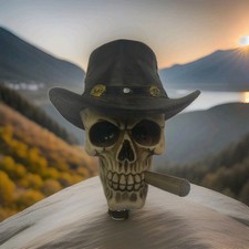 Skull Cowboy Hat Cigar  Figurine Gothic Western Skeleton Decor Biker  picture