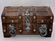 Vintage Wooden Pirate Treasure Chest Jewelry Box Lion Head Goth Tavern Style picture