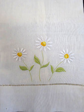 Vintage White Linen Guest Towel Embroidered Daisies Hemstitched Tea Towel picture