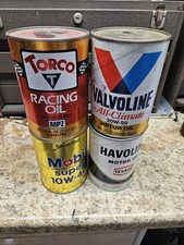 4 Vintage Torco Racing, Mobil, Havoline, Valvoline Oil cans, 1 qt  ea. Full. picture