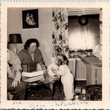 Vtg B&W Photo 1951 Christmas Day Tree Presents Santa Kid Girl Toys Family Home picture