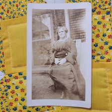 VTG Snapshot Photo 1910s Portrait Woman Black Dress Front Porch picture