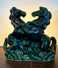 Vintage Mid-Century Modern Double Horse Ceramic TV Lamp – Green Glaze – Working picture