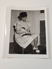 Vintage 1944 Woman Holding Cat Indoor Snapshot Photo July WWII Era 4x3.25 picture