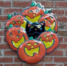 RARE Vtg 70's/80's Plastic 3D Vacuform Halloween Pumpkins & Black Cat Wall Decor picture