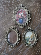 Vintage Set of 3 Ornate Oval Mini Gold Tone Metal Wall Frames Floral Made Italy picture