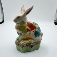 LIMOGES BUNNY FLORAL LEAVES TRINKET BOX CHAMART PEINT MAIN FRANCE VINTAGE VIDEO picture