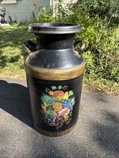 VTG Mid Century Farmhouse Metal 10 Gallon Milk Can 24” Black Gold Fruit Floral picture