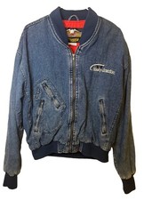Vintage Harley Davidson Denim Bomber Jacket Large Blue Jean Biker 90s USA picture