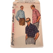 Simplicity Sewing Pattern 4981 Mens Sport Shirt Size Small Vintage 1950s Cut picture