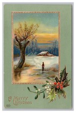 1913 Merry Christmas Embossed Holiday Vintage Postcard Man Cabin Winter Scene picture